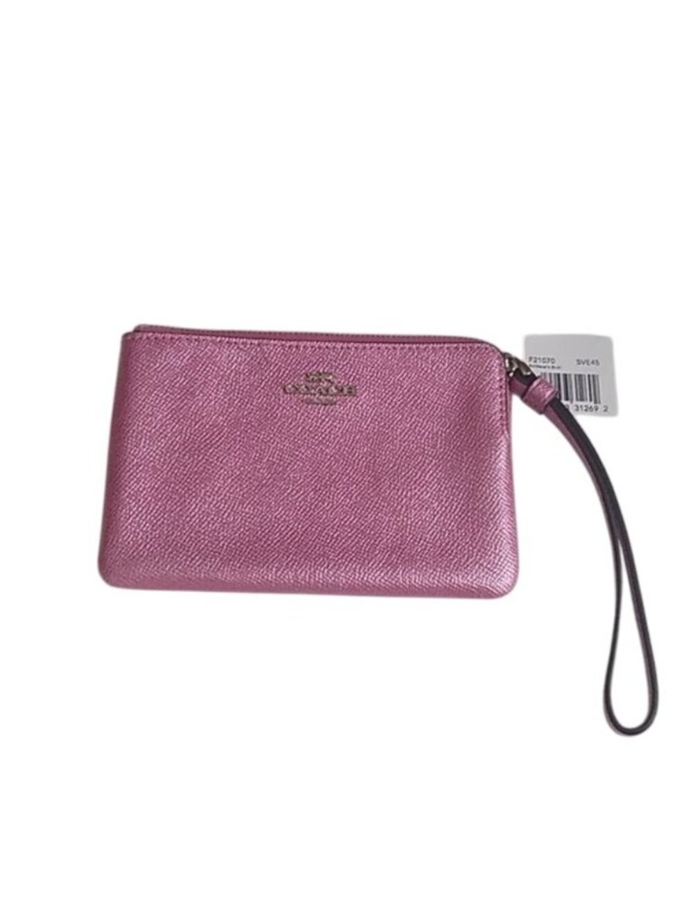 Coach Corner Zip Wristlet in Metallic Crossgrain Leather, SV/ Metallic Blush - Picture 2 of 8